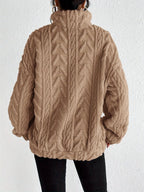 Women's plush fleece quarter zip sweater with cable texture and stand collar - view 8