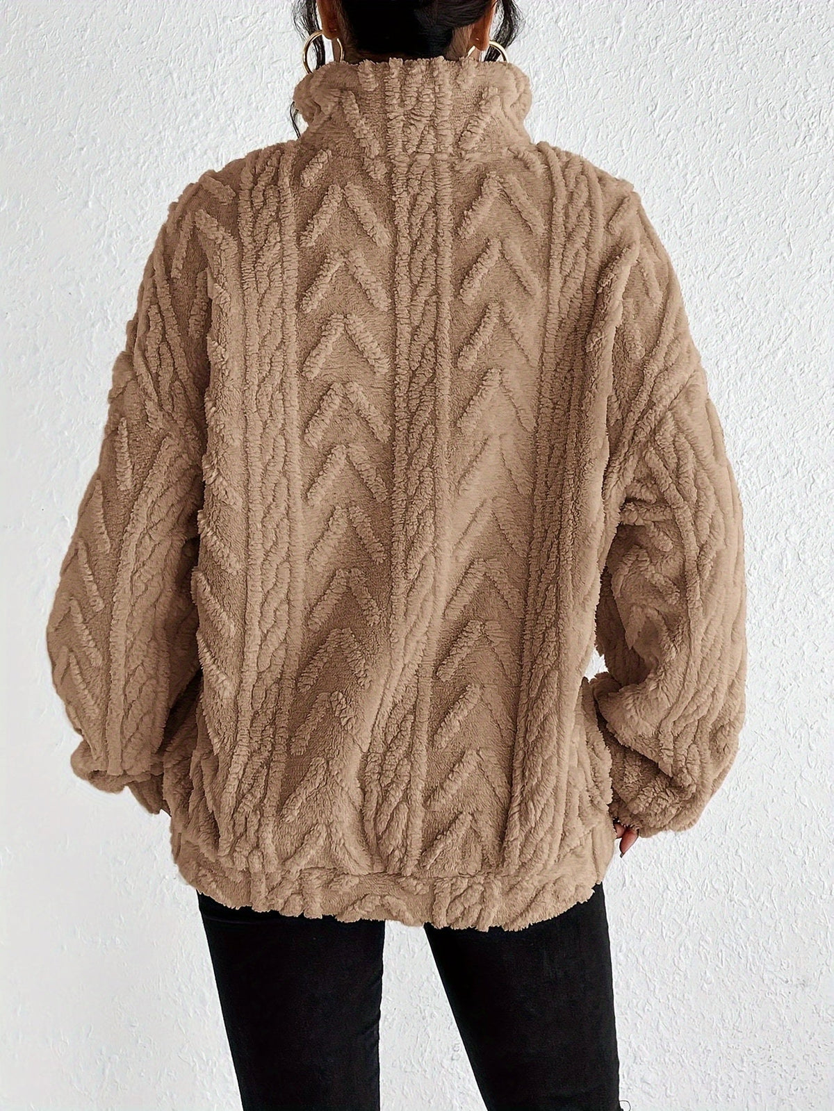 Women's plush fleece quarter zip sweater with cable texture and stand collar - view 8