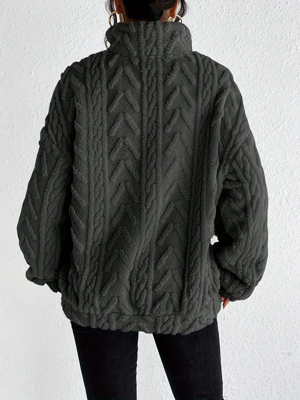 Women's plush fleece quarter zip sweater with cable texture and stand collar - view 9