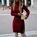 Cable knit turtleneck sweater dress with long sleeves and side slit