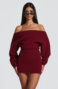 Ribbed knit off-shoulder long sleeve mini dress with blouson bodice and back waist ties