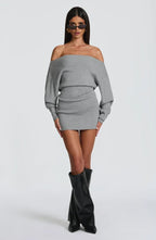 Ribbed knit off-shoulder long sleeve mini dress with blouson bodice and back waist ties - view 10
