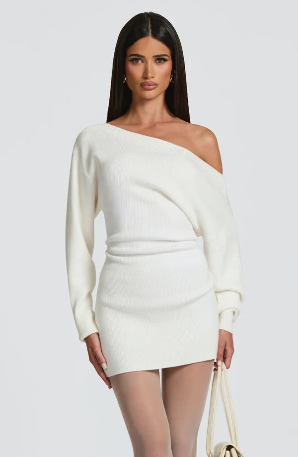 Ribbed knit off-shoulder long sleeve mini dress with blouson bodice and back waist ties - view 11