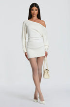 Ribbed knit off-shoulder long sleeve mini dress with blouson bodice and back waist ties - view 12