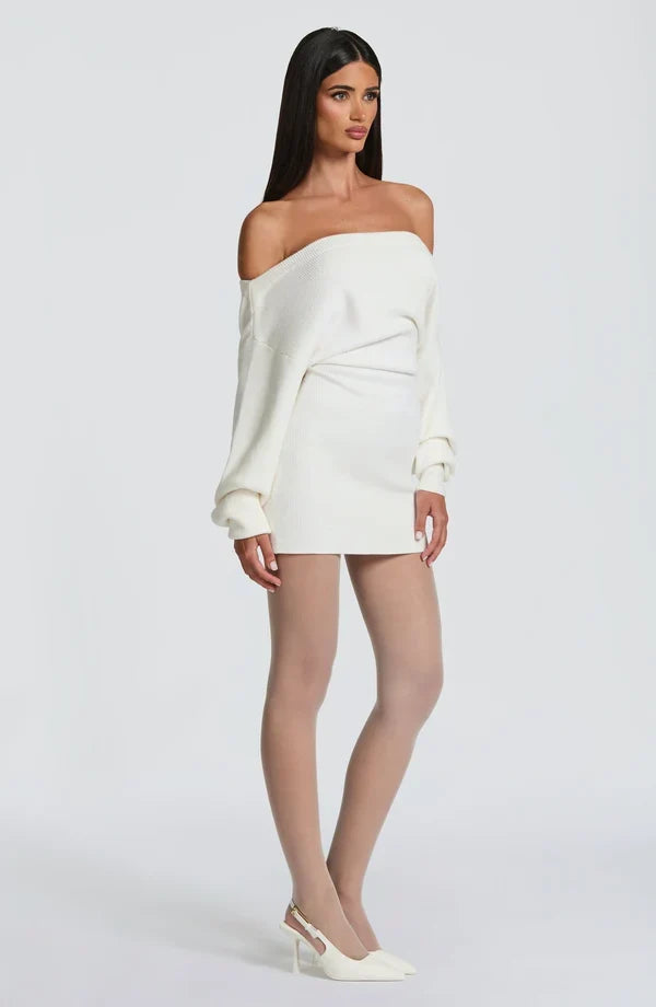 Ribbed knit off-shoulder long sleeve mini dress with blouson bodice and back waist ties - view 13