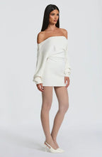 Ribbed knit off-shoulder long sleeve mini dress with blouson bodice and back waist ties - view 13