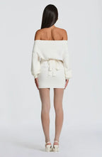 Ribbed knit off-shoulder long sleeve mini dress with blouson bodice and back waist ties - view 14