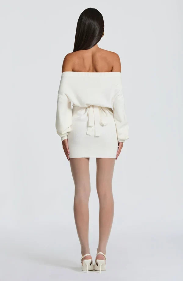 Ribbed knit off-shoulder long sleeve mini dress with blouson bodice and back waist ties - view 14