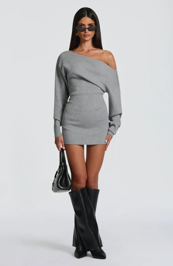 Ribbed knit off-shoulder long sleeve mini dress with blouson bodice and back waist ties - view 16