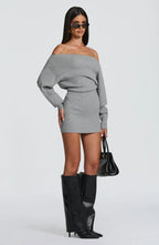 Ribbed knit off-shoulder long sleeve mini dress with blouson bodice and back waist ties - view 17