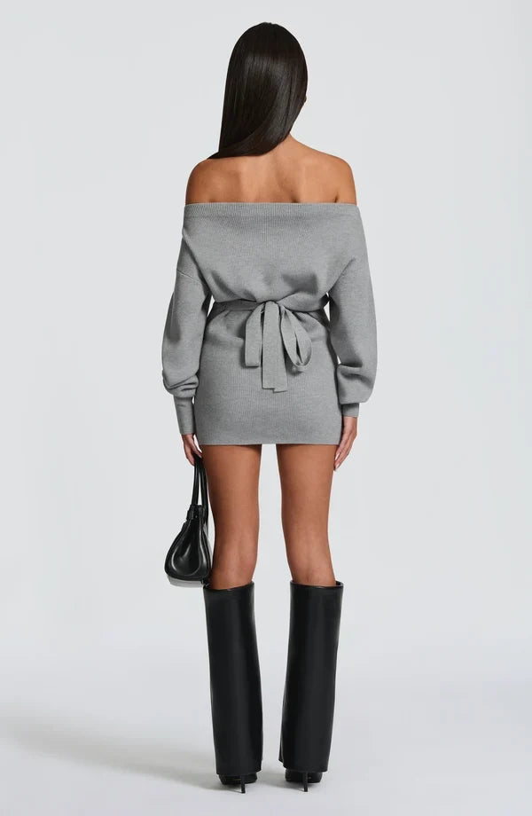 Ribbed knit off-shoulder long sleeve mini dress with blouson bodice and back waist ties - view 18