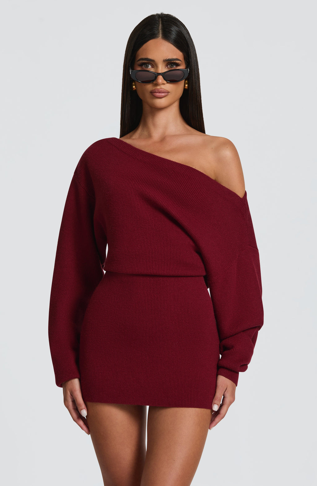 Ribbed knit off-shoulder long sleeve mini dress with blouson bodice and back waist ties - view 2