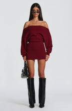 Ribbed knit off-shoulder long sleeve mini dress with blouson bodice and back waist ties - view 3