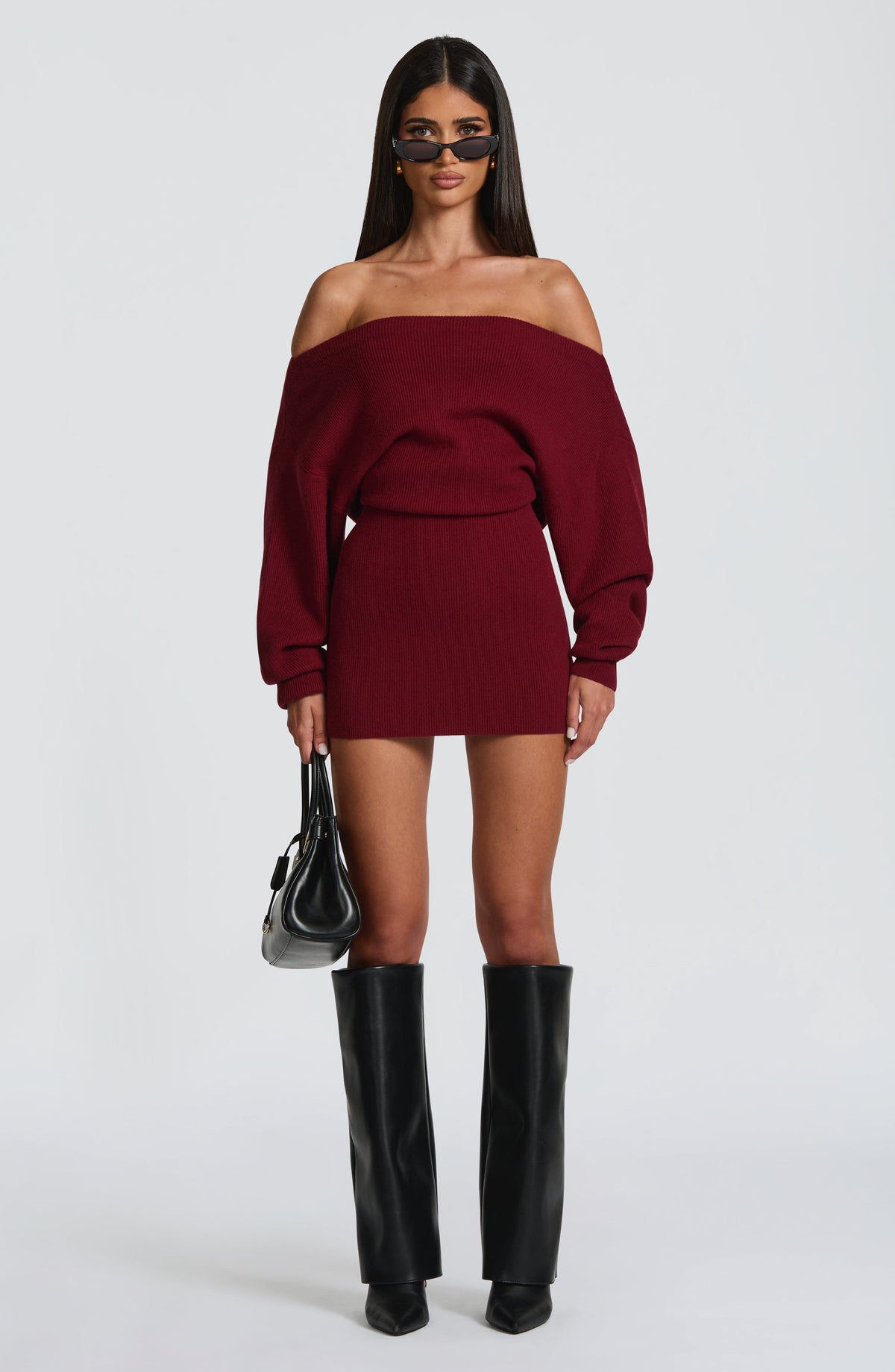 Ribbed knit off-shoulder long sleeve mini dress with blouson bodice and back waist ties - view 3