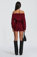Ribbed knit off-shoulder long sleeve mini dress with blouson bodice and back waist ties - view 4