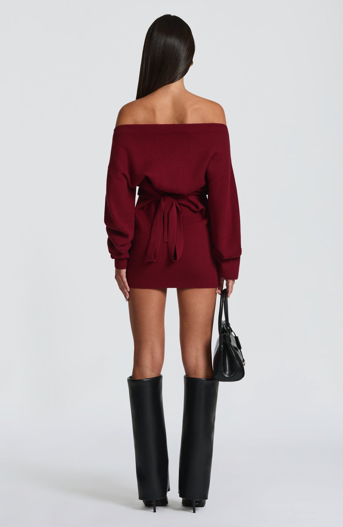 Ribbed knit off-shoulder long sleeve mini dress with blouson bodice and back waist ties - view 4
