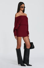 Ribbed knit off-shoulder long sleeve mini dress with blouson bodice and back waist ties - view 5