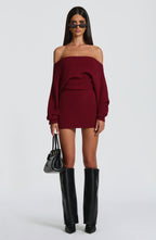 Ribbed knit off-shoulder long sleeve mini dress with blouson bodice and back waist ties - view 6