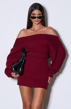 Ribbed knit off-shoulder long sleeve mini dress with blouson bodice and back waist ties - view 7