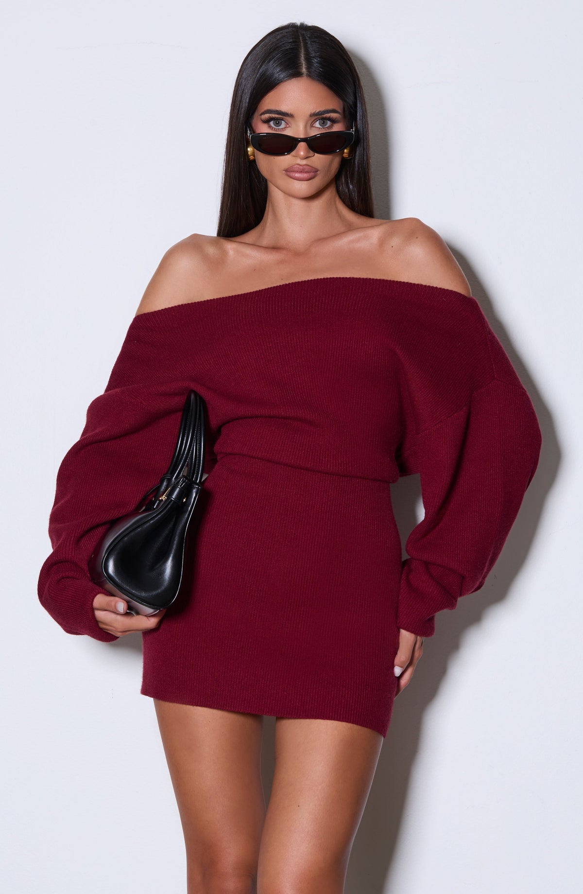 Ribbed knit off-shoulder long sleeve mini dress with blouson bodice and back waist ties - view 7