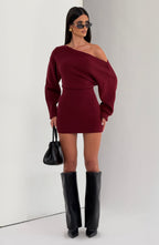 Ribbed knit off-shoulder long sleeve mini dress with blouson bodice and back waist ties - view 8