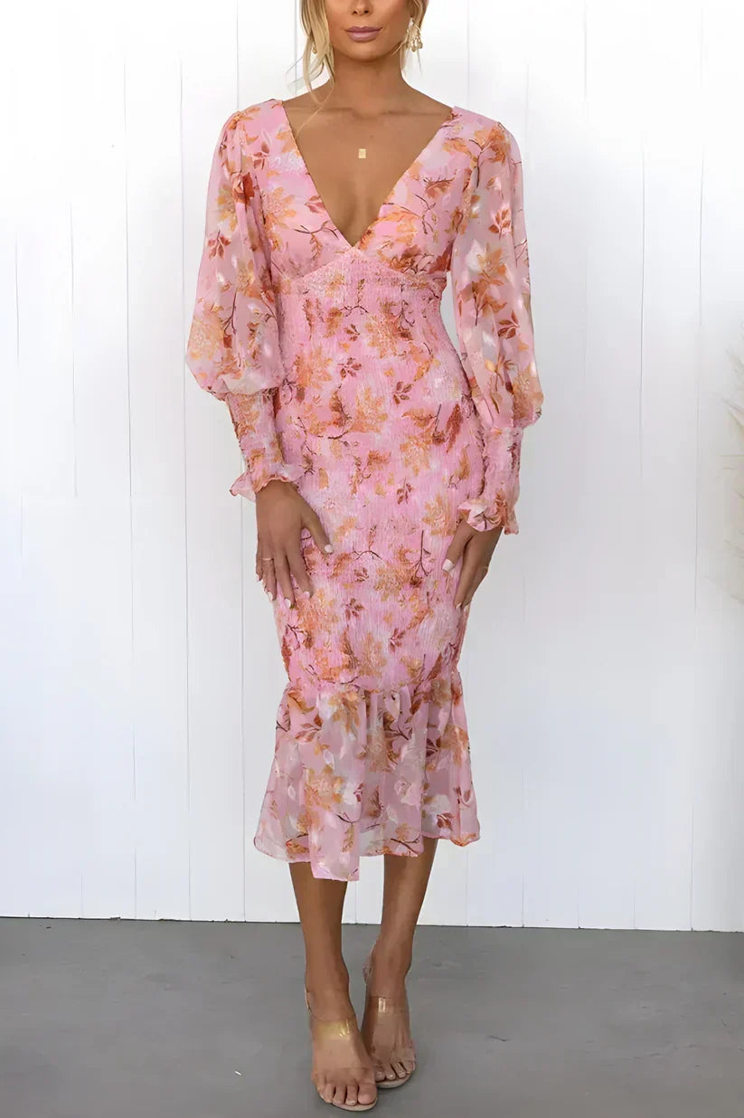 Pink floral smocked midi dress with plunging V-neck, sheer balloon long sleeves and ruffle hem - view 2