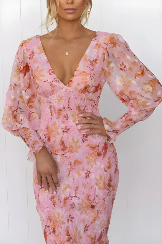 Pink floral smocked midi dress with plunging V-neck, sheer balloon long sleeves and ruffle hem - view 3