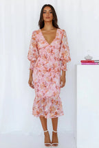 Pink floral smocked midi dress with plunging V-neck, sheer balloon long sleeves and ruffle hem - view 4