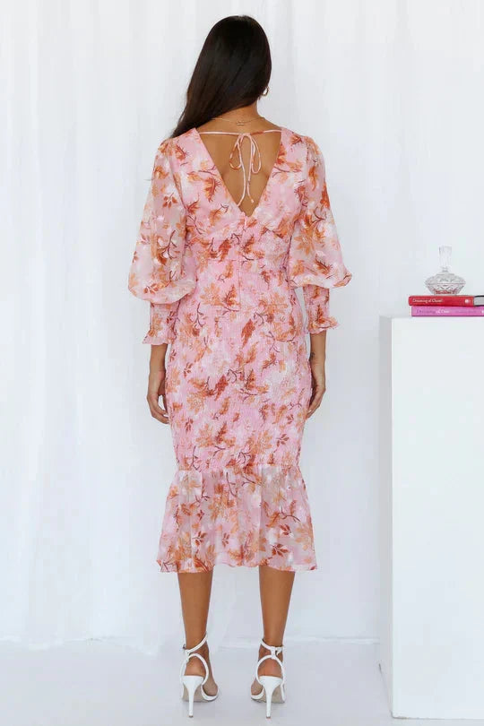 Pink floral smocked midi dress with plunging V-neck, sheer balloon long sleeves and ruffle hem - view 5