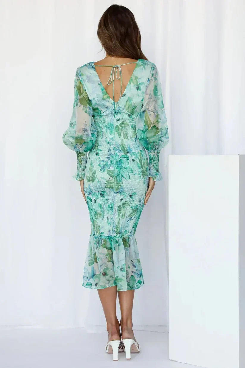 Pink floral smocked midi dress with plunging V-neck, sheer balloon long sleeves and ruffle hem - view 7