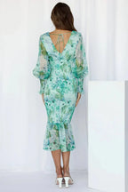 Pink floral smocked midi dress with plunging V-neck, sheer balloon long sleeves and ruffle hem - view 7