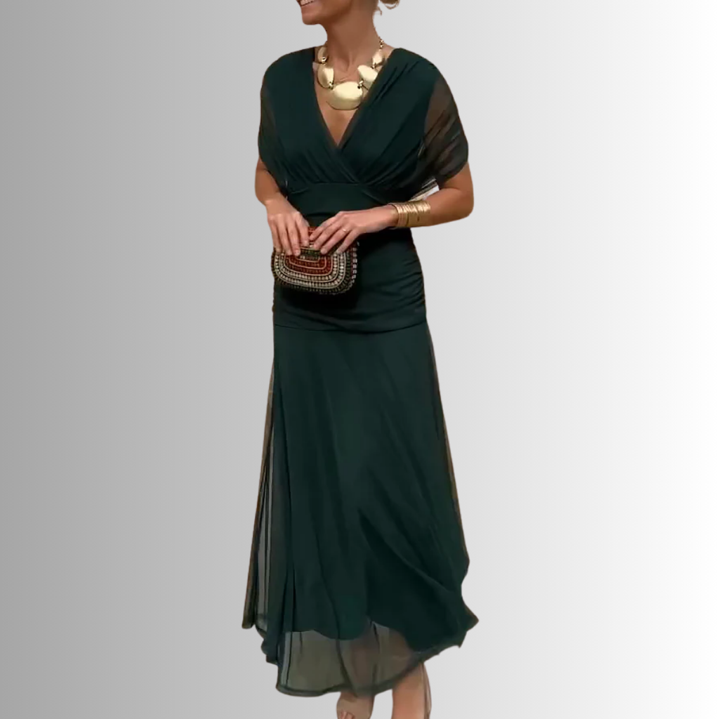 Off-shoulder ruched formal maxi dress with twisted neckline and flowing chiffon-look skirt - view 10
