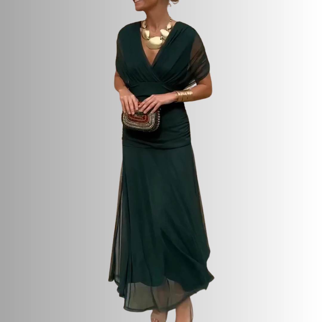 Off-shoulder ruched formal maxi dress with twisted neckline and flowing chiffon-look skirt - view 10