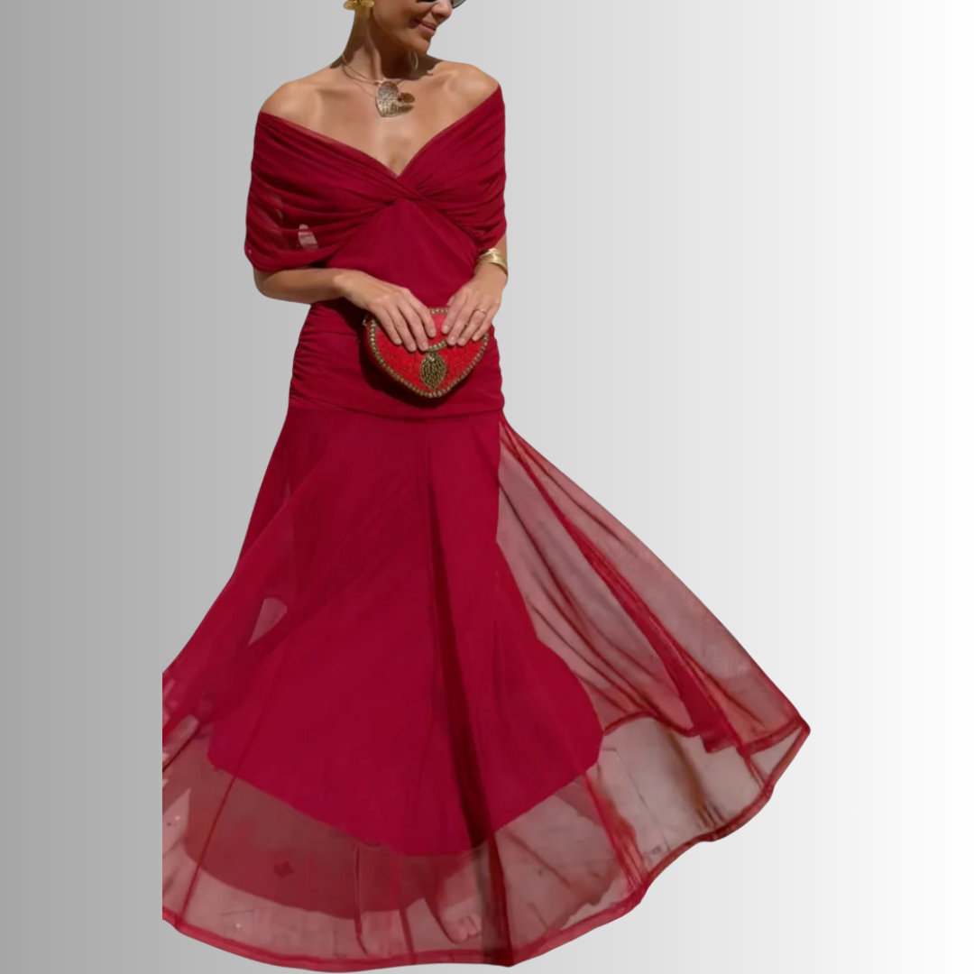 Off-shoulder ruched formal maxi dress with twisted neckline and flowing chiffon-look skirt - view 12
