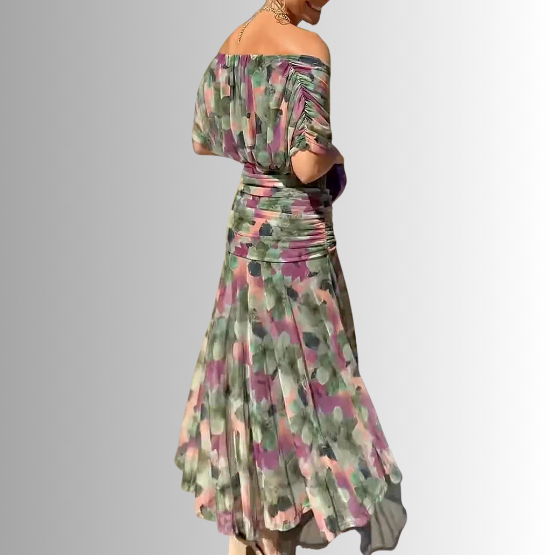 Off-shoulder ruched formal maxi dress with twisted neckline and flowing chiffon-look skirt - view 13