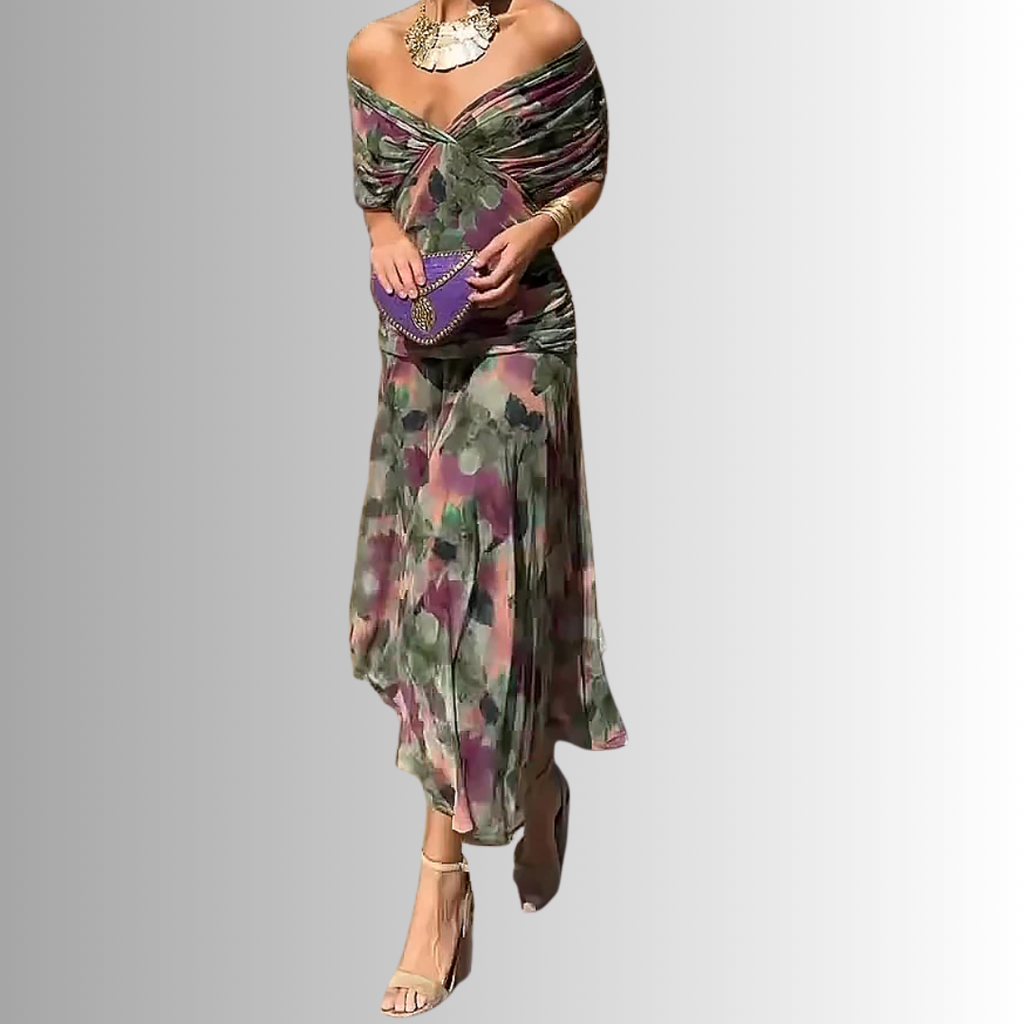 Off-shoulder ruched formal maxi dress with twisted neckline and flowing chiffon-look skirt - view 14
