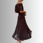 Off-shoulder ruched formal maxi dress with twisted neckline and flowing chiffon-look skirt - view 7