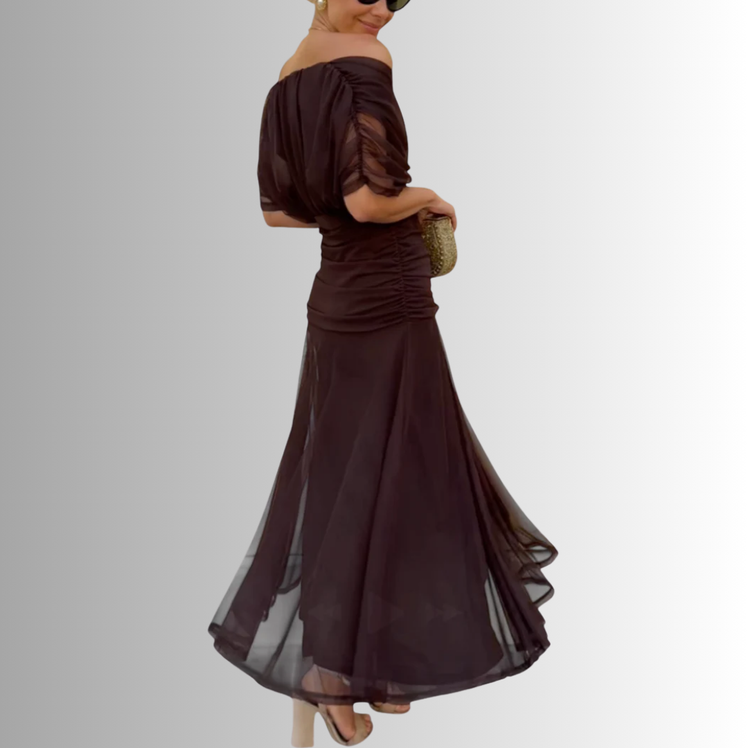 Off-shoulder ruched formal maxi dress with twisted neckline and flowing chiffon-look skirt - view 7