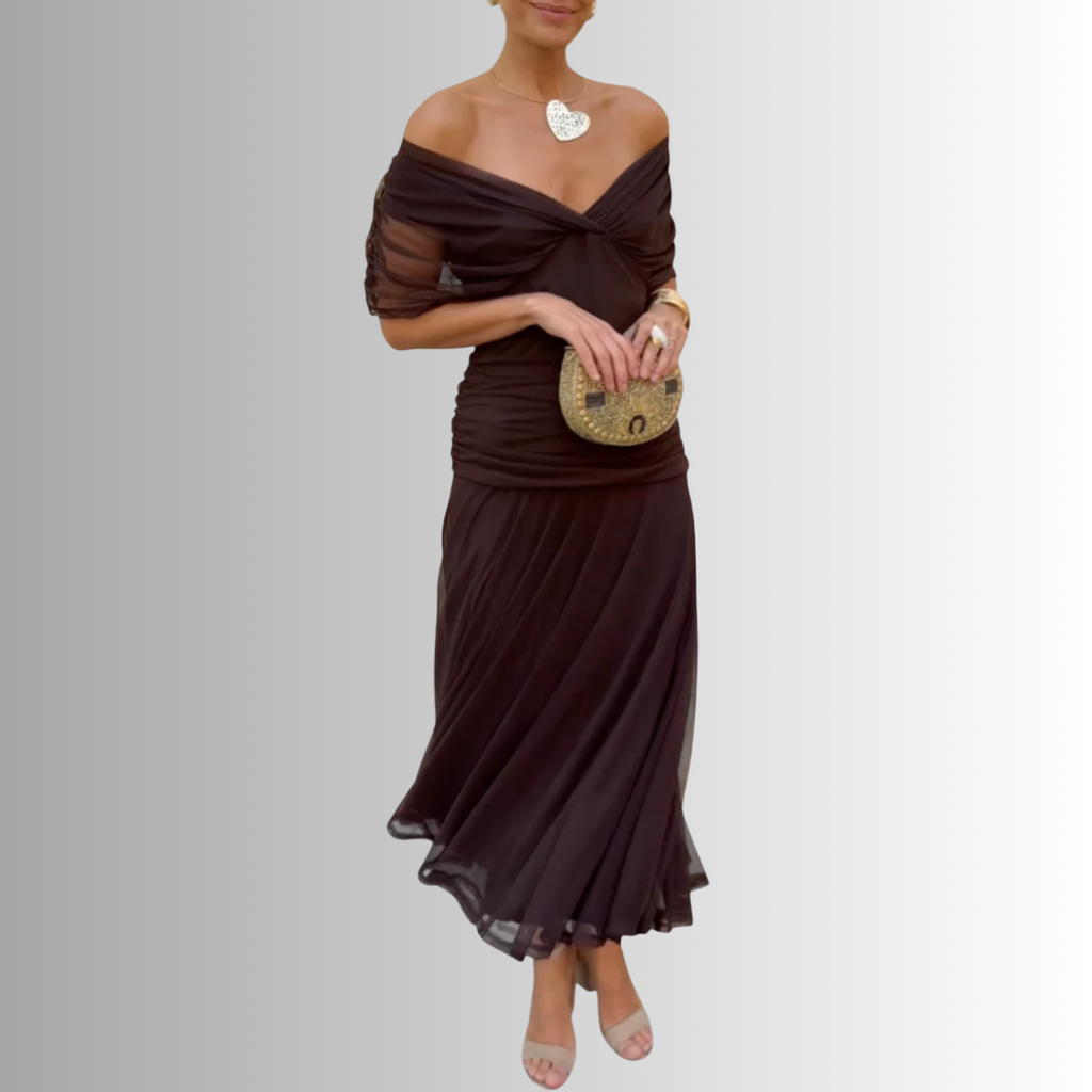 Off-shoulder ruched formal maxi dress with twisted neckline and flowing chiffon-look skirt - view 8