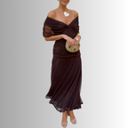 Off-shoulder ruched formal maxi dress with twisted neckline and flowing chiffon-look skirt - view 8