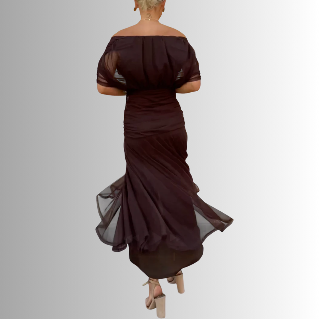 Off-shoulder ruched formal maxi dress with twisted neckline and flowing chiffon-look skirt - view 9
