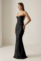 Yellow Spaghetti Straps Sheath Long Prom Dresses With Floral Embroidery oaklynwear