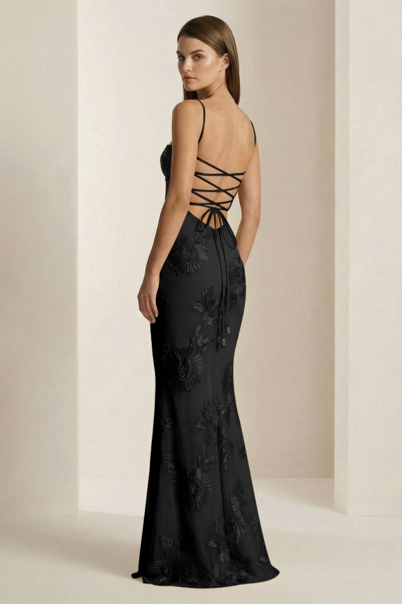 Yellow Spaghetti Straps Sheath Long Prom Dresses With Floral Embroidery oaklynwear