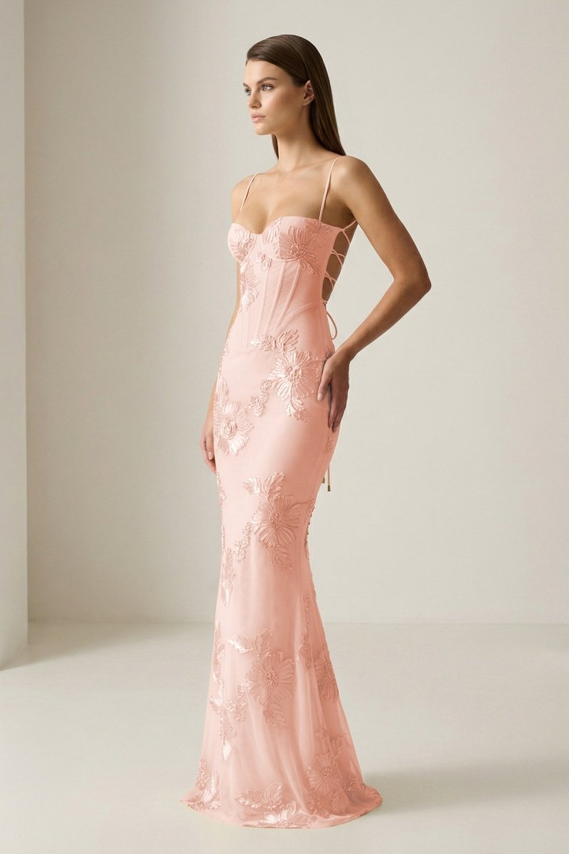 Yellow Spaghetti Straps Sheath Long Prom Dresses With Floral Embroidery oaklynwear