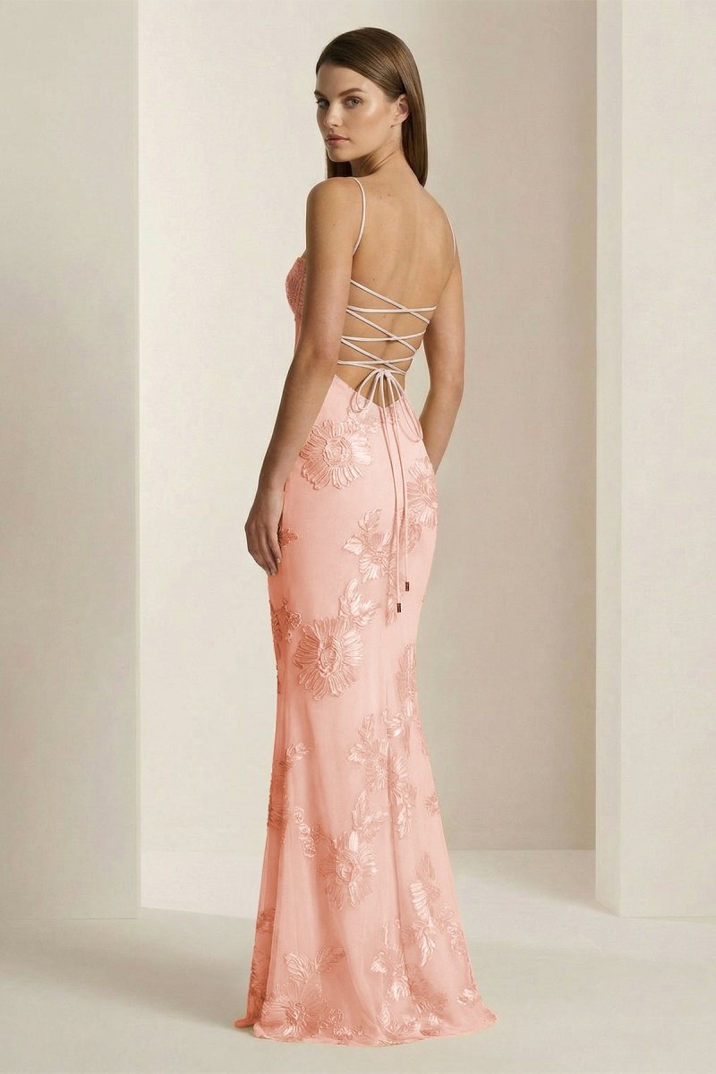 Yellow Spaghetti Straps Sheath Long Prom Dresses With Floral Embroidery oaklynwear