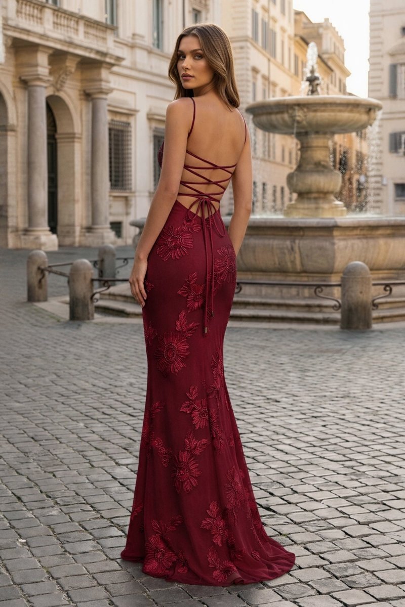 Yellow Spaghetti Straps Sheath Long Prom Dresses With Floral Embroidery oaklynwear