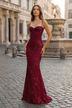 Yellow Spaghetti Straps Sheath Long Prom Dresses With Floral Embroidery oaklynwear