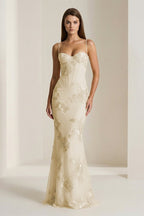 Yellow Spaghetti Straps Sheath Long Prom Dresses With Floral Embroidery oaklynwear