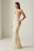 Yellow Spaghetti Straps Sheath Long Prom Dresses With Floral Embroidery oaklynwear