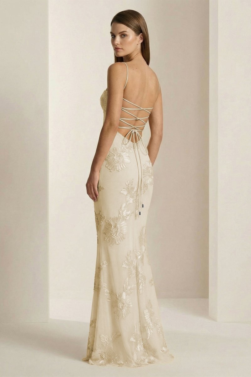 Yellow Spaghetti Straps Sheath Long Prom Dresses With Floral Embroidery oaklynwear